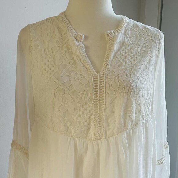 Bellambra Made in Italy Pure Silk Ivory Lace-Yoke Boho Tunic Blouse – US L - Picture 3 of 11